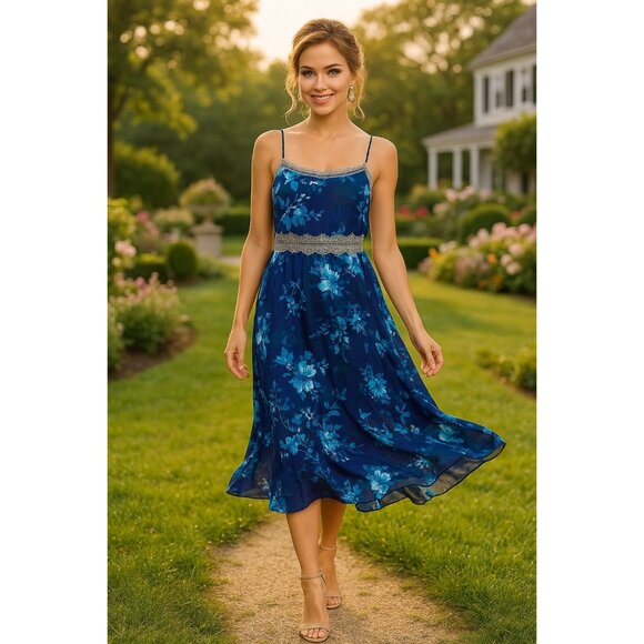 Twelfth Street by Cynthia Vincent Small Navy Floral Silk Maxi Dress Coastal Chic - Picture 12 of 16